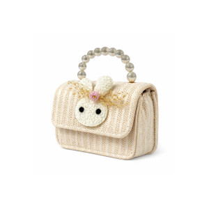 Girl’s Enchanted Rabbit Straw Crossbody – Off-White with Pearl Handle (15cm)