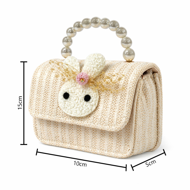 Girl’s Enchanted Rabbit Straw Crossbody – Off-White with Pearl Handle (15cm)