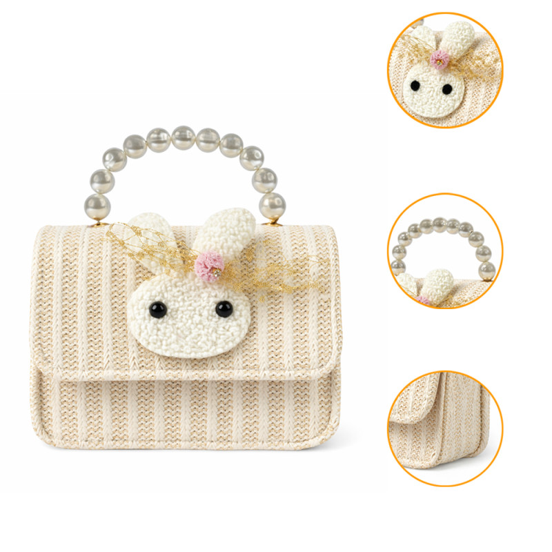 Girl’s Enchanted Rabbit Straw Crossbody – Off-White with Pearl Handle (15cm)