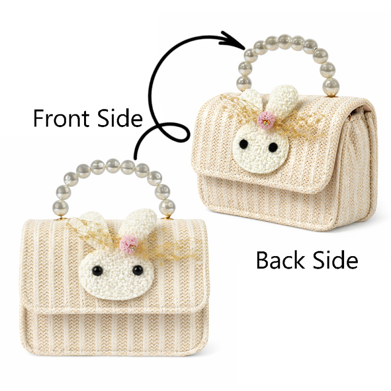 Girl’s Enchanted Rabbit Straw Crossbody – Off-White with Pearl Handle (15cm)