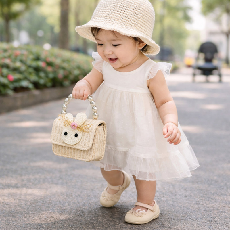 Girl’s Enchanted Rabbit Straw Crossbody – Off-White with Pearl Handle (15cm)