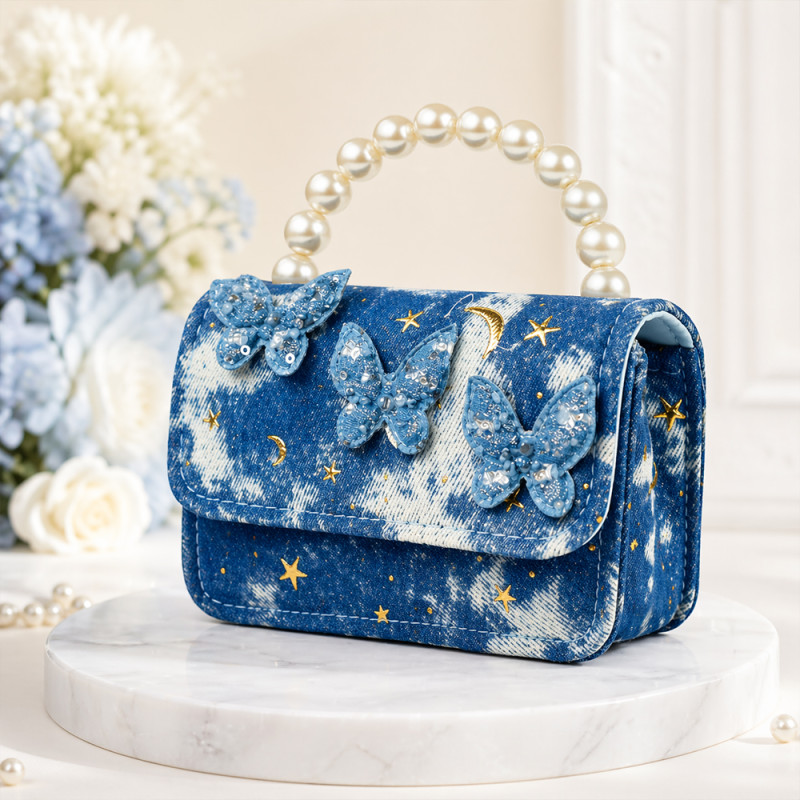 Kids' "Butterfly Dreams" Denim-Style Handbag – Blue with Pearl Handle (15cm)