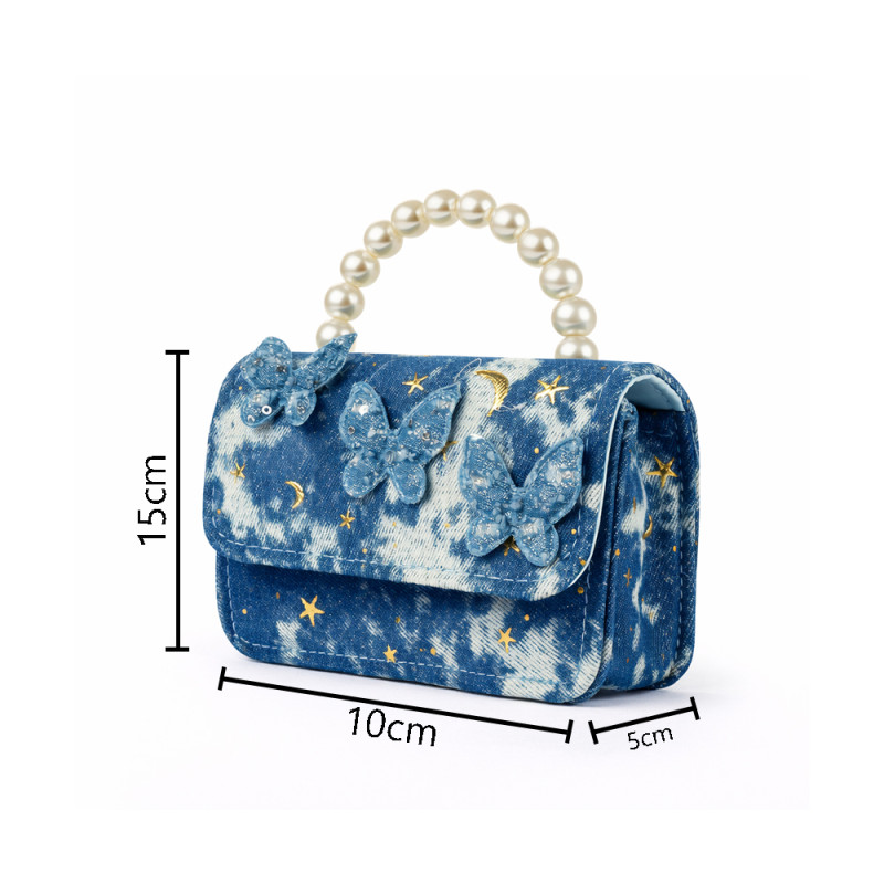 Kids' "Butterfly Dreams" Denim-Style Handbag – Blue with Pearl Handle (15cm)