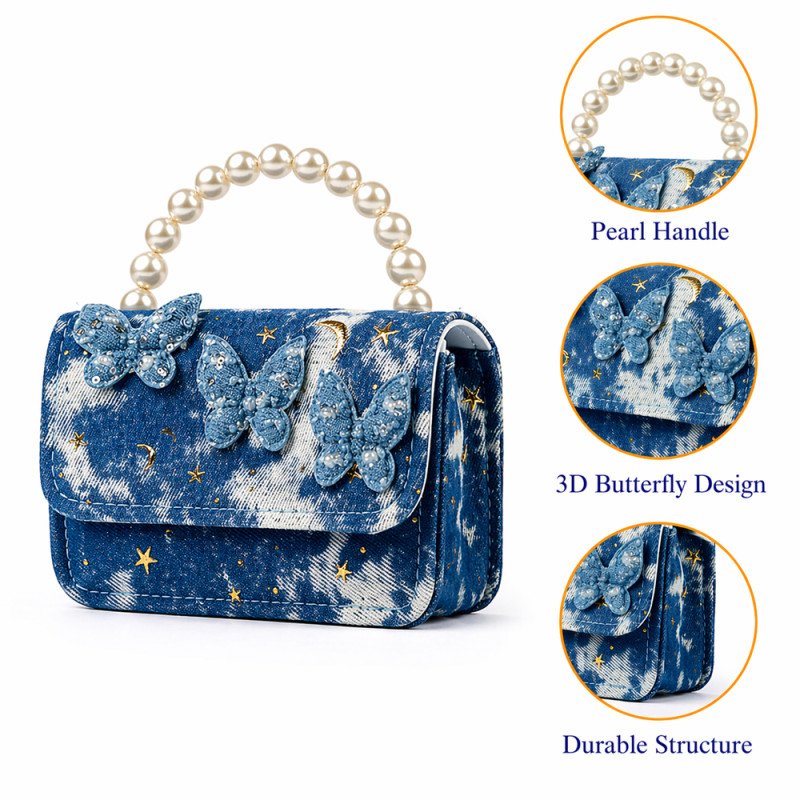 Kids' "Butterfly Dreams" Denim-Style Handbag – Blue with Pearl Handle (15cm)