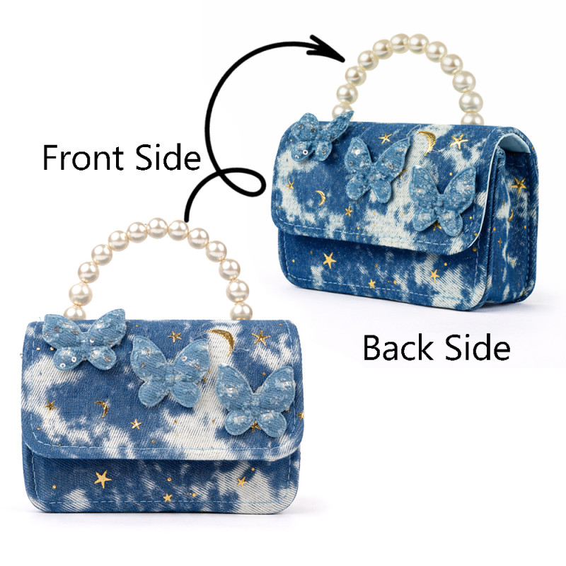 Kids' "Butterfly Dreams" Denim-Style Handbag – Blue with Pearl Handle (15cm)