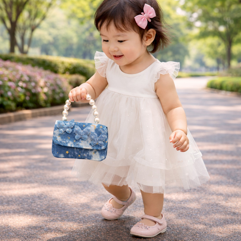 Kids' "Butterfly Dreams" Denim-Style Handbag – Blue with Pearl Handle (15cm)