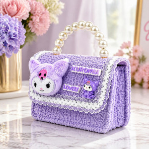 Kids' "Midnight Magic" Plush Handbag – Light Gray & Purple with Pearl Handle (15cm)