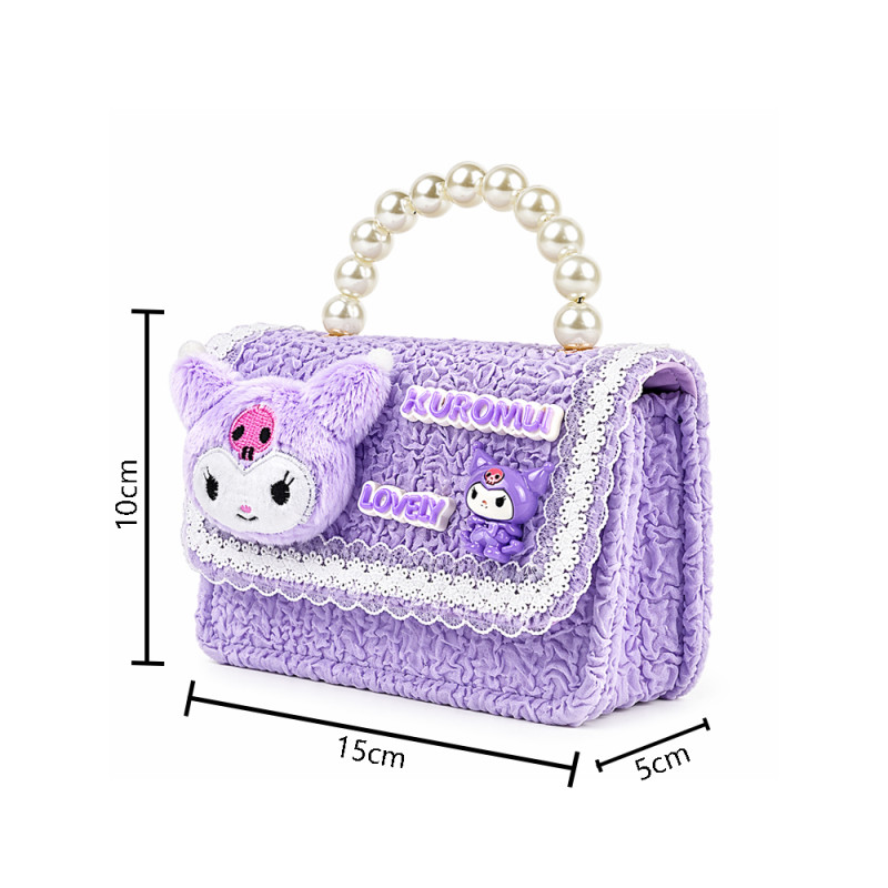 Kids' "Midnight Magic" Plush Handbag – Light Gray &amp; Purple with Pearl Handle (15cm)