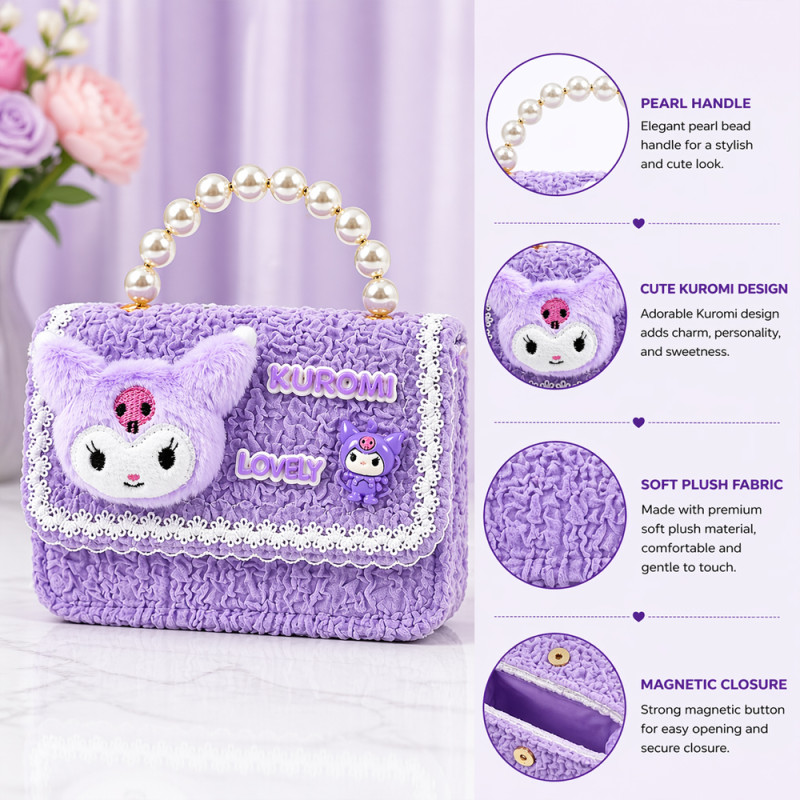Kids' "Midnight Magic" Plush Handbag – Light Gray &amp; Purple with Pearl Handle (15cm)