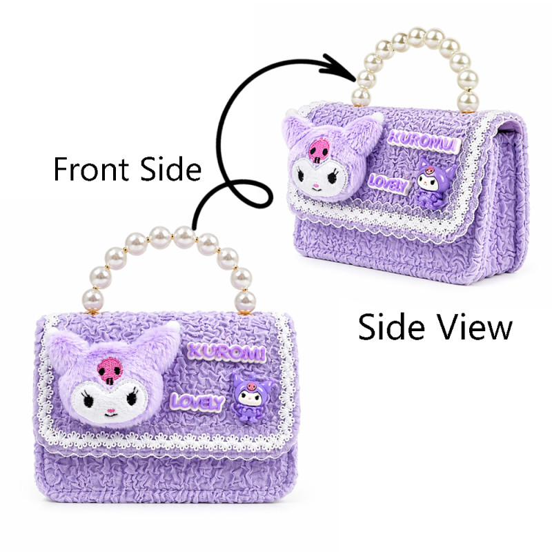 Kids' "Midnight Magic" Plush Handbag – Light Gray &amp; Purple with Pearl Handle (15cm)