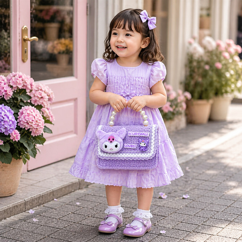 Kids' "Midnight Magic" Plush Handbag – Light Gray &amp; Purple with Pearl Handle (15cm)
