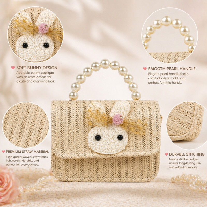 Kids' "Bunny Bloom" Elegant Handbag – Timeless Ivory with Pearl Handle (15cm)
