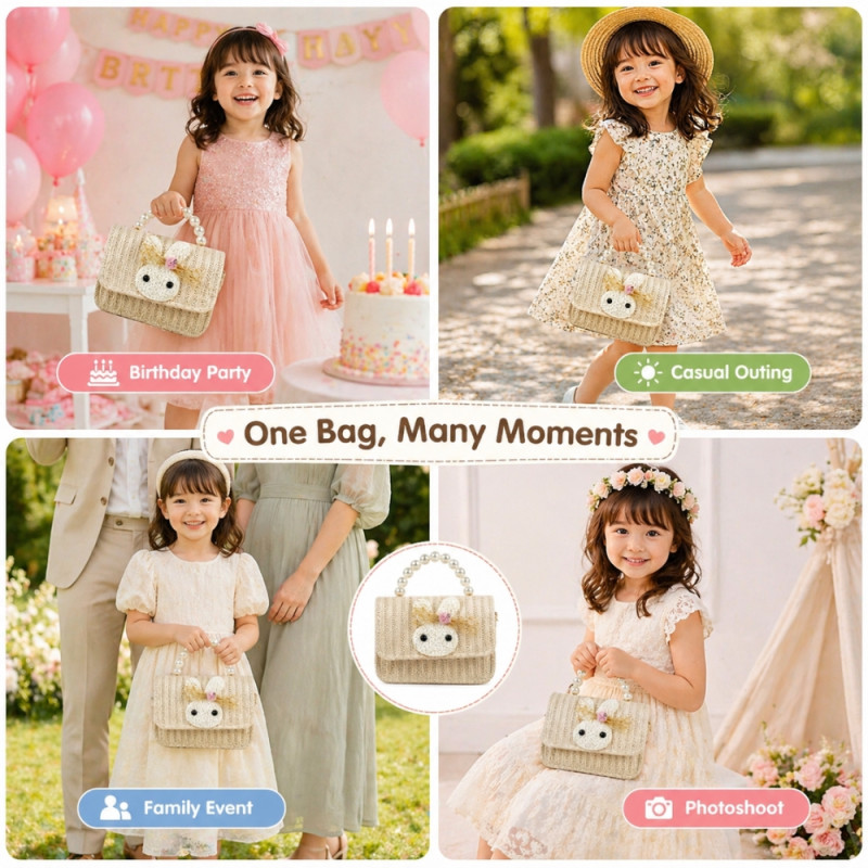Kids' "Bunny Bloom" Elegant Handbag – Timeless Ivory with Pearl Handle (15cm)