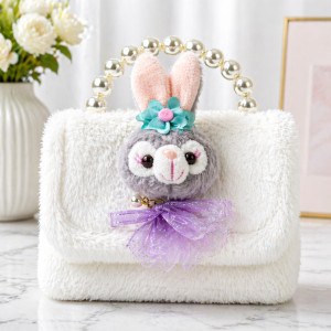 Kids' Cuddly Bunny Plush Handbag – Snow White with Pearl Handle (15cm)