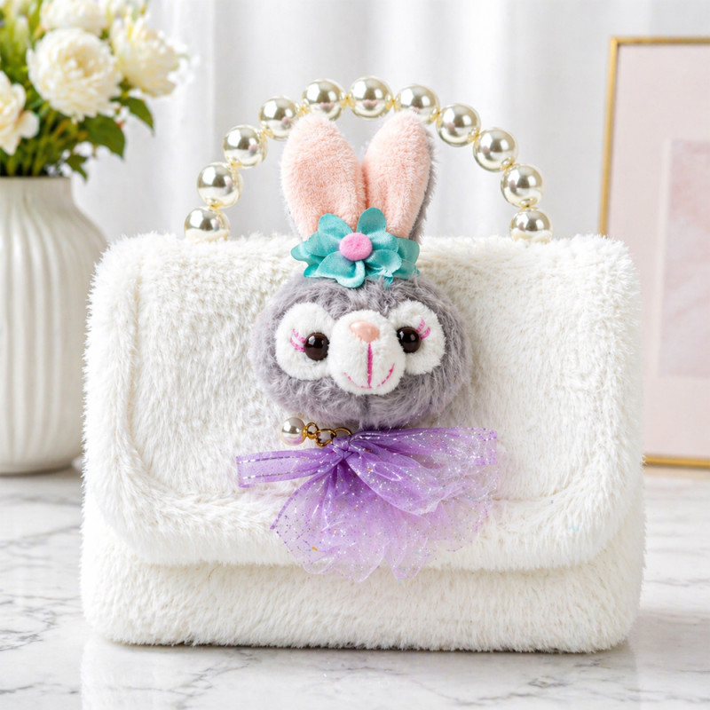 Kids' Cuddly Bunny Plush Handbag – Snow White with Pearl Handle (15cm)