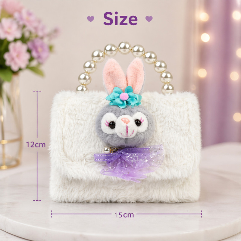 Kids' Cuddly Bunny Plush Handbag – Snow White with Pearl Handle (15cm)
