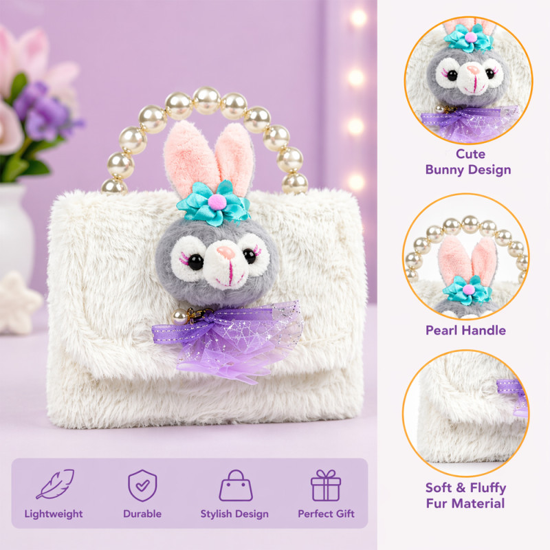Kids' Cuddly Bunny Plush Handbag – Snow White with Pearl Handle (15cm)