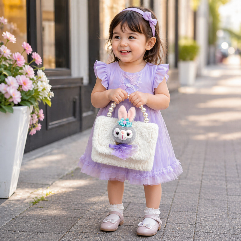 Kids' Cuddly Bunny Plush Handbag – Snow White with Pearl Handle (15cm)