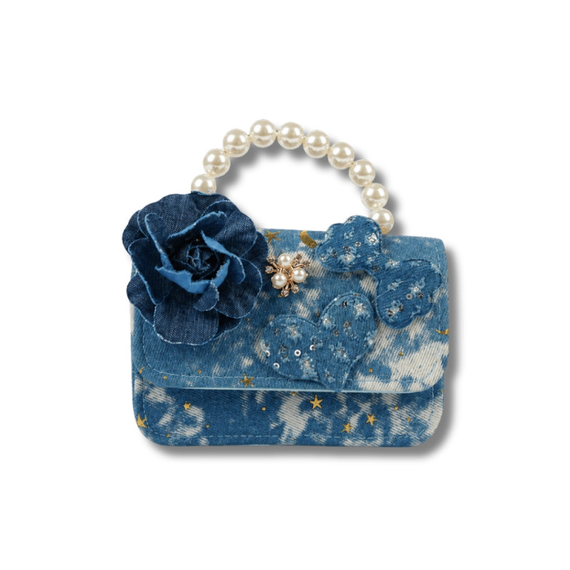 Kids' "Midnight Bloom" Denim-Style Handbag – Navy Blue with Pearl Handle (15cm)