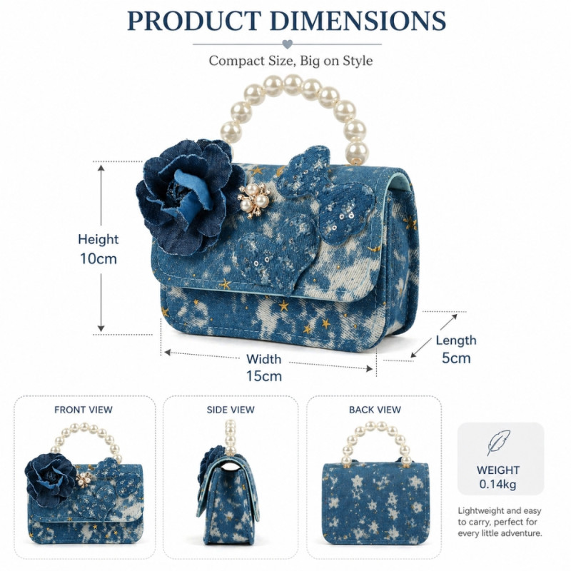 Kids' "Midnight Bloom" Denim-Style Handbag – Navy Blue with Pearl Handle (15cm)