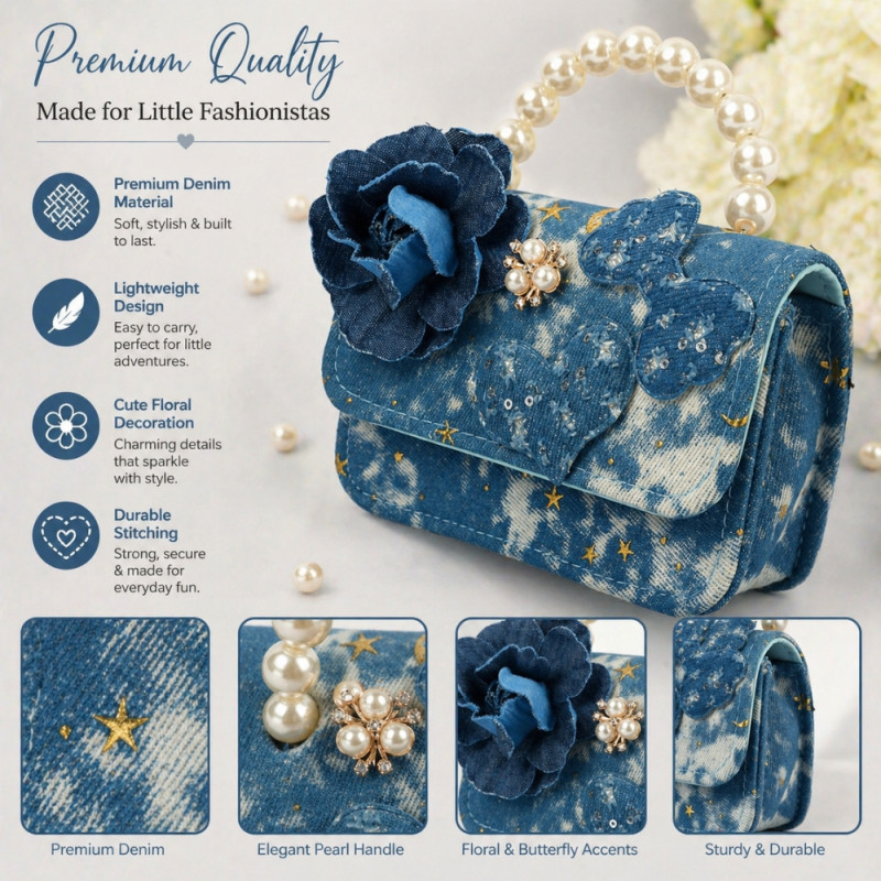 Kids' "Midnight Bloom" Denim-Style Handbag – Navy Blue with Pearl Handle (15cm)
