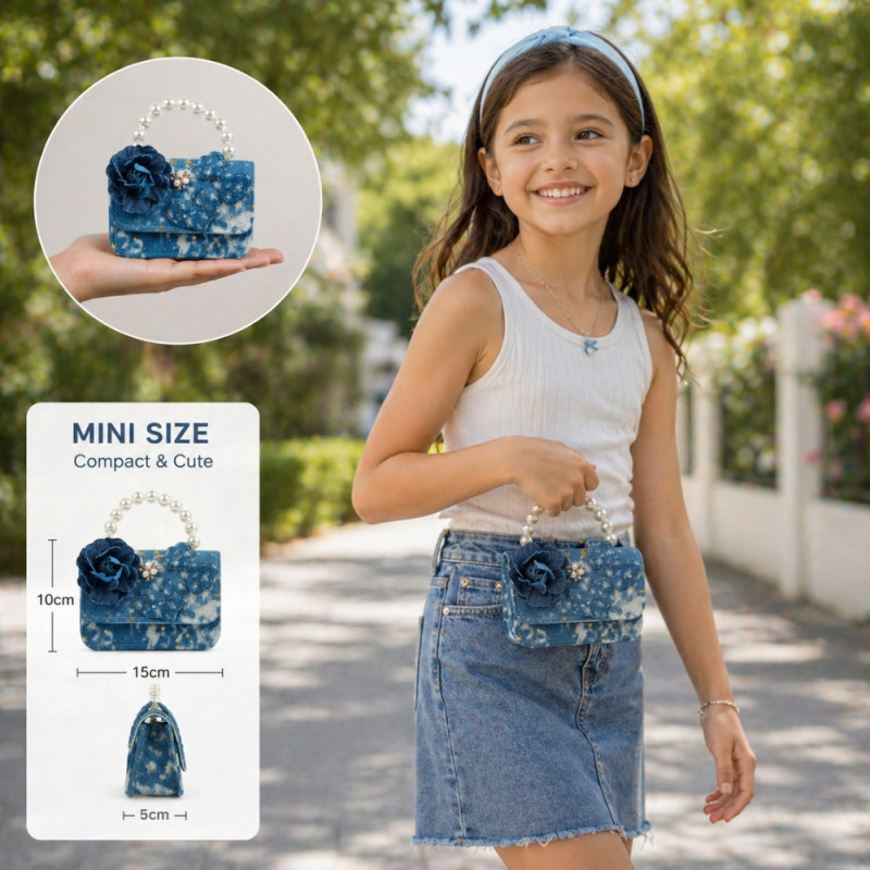 Kids' "Midnight Bloom" Denim-Style Handbag – Navy Blue with Pearl Handle (15cm)