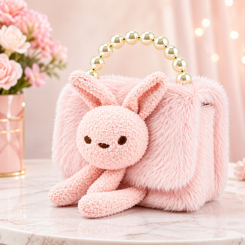 Kids' Bunny Love Plush Handbag – Soft Light Pink with Pearl Handle (15cm)