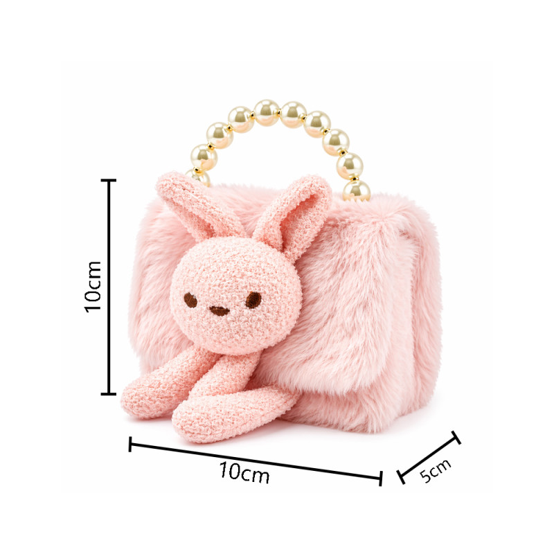 Kids' Bunny Love Plush Handbag – Soft Light Pink with Pearl Handle (15cm)