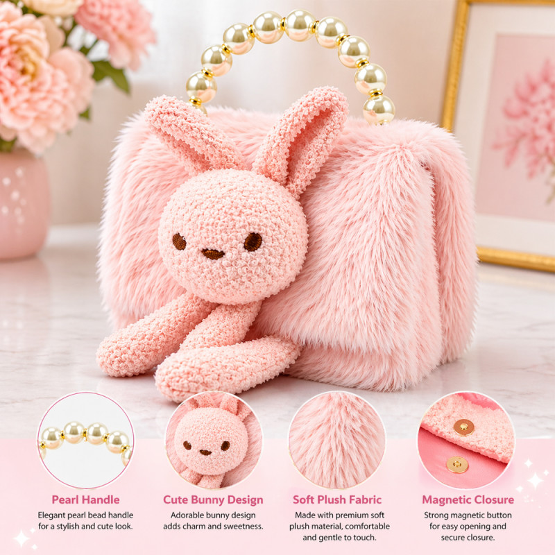 Kids' Bunny Love Plush Handbag – Soft Light Pink with Pearl Handle (15cm)