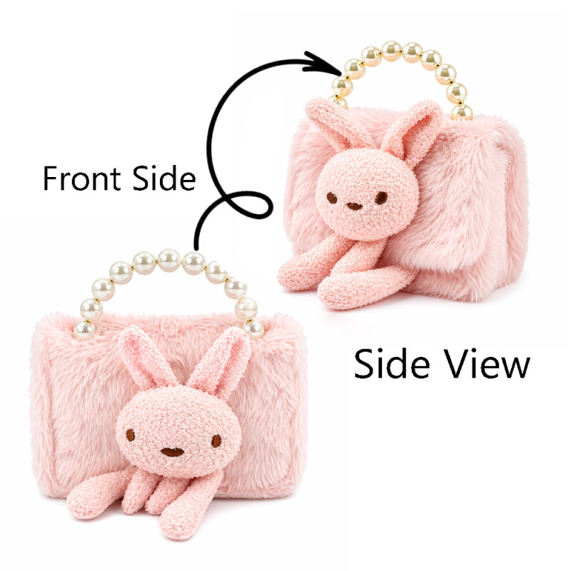 Kids' Bunny Love Plush Handbag – Soft Light Pink with Pearl Handle (15cm)