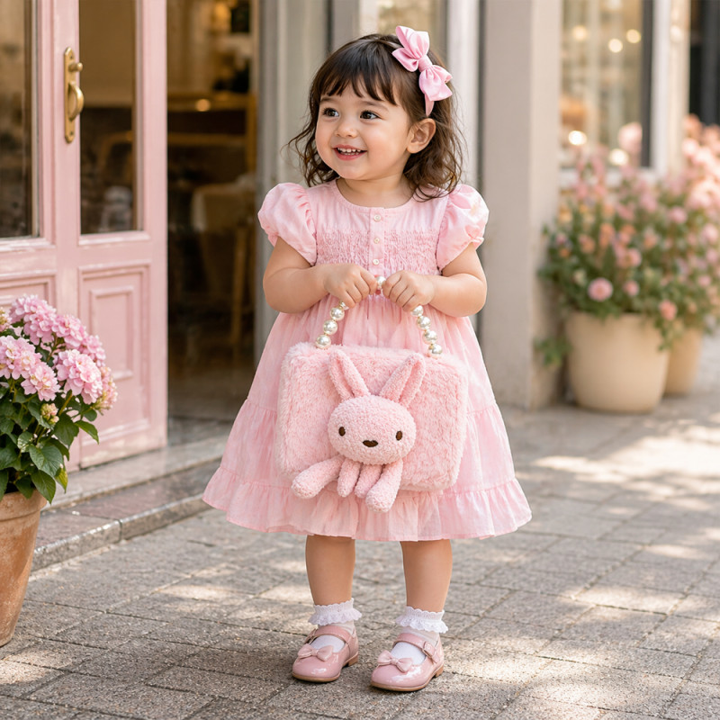 Kids' Bunny Love Plush Handbag – Soft Light Pink with Pearl Handle (15cm)