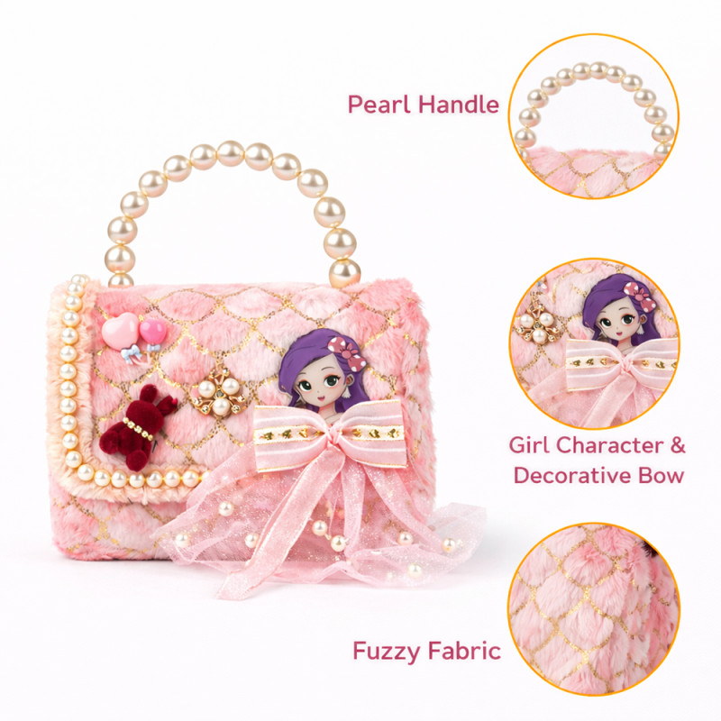 Kids' "Pink Petal" Embellished Crossbody – Elegant Mini Bag with Pearl Handle (15cm)