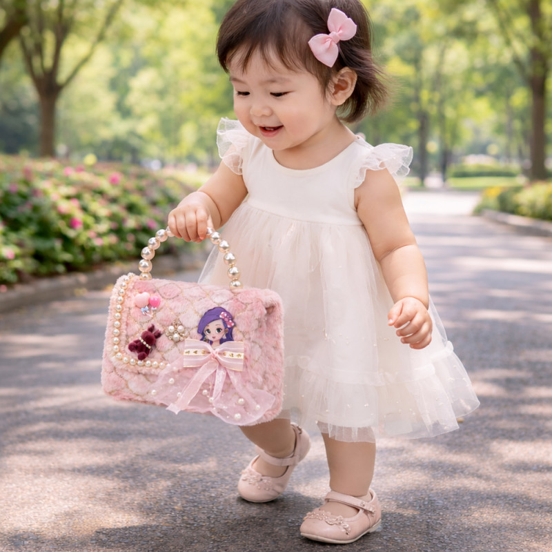 Kids' "Pink Petal" Embellished Crossbody – Elegant Mini Bag with Pearl Handle (15cm)