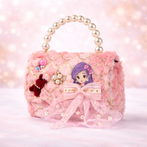 Kids' "Pink Petal" Embellished Crossbody – Elegant Mini Bag with Pearl Handle (15cm)
