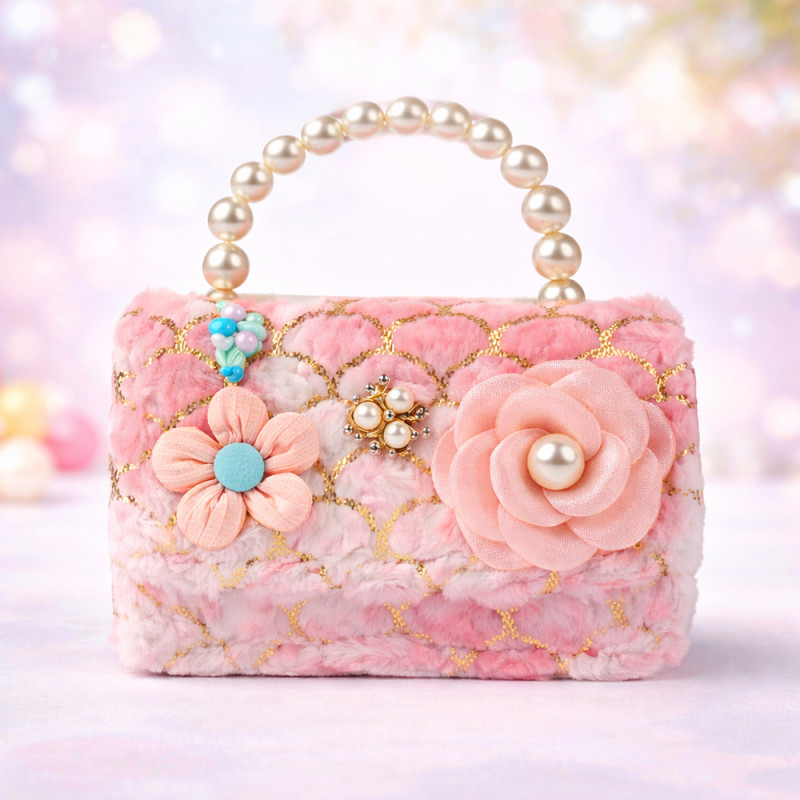 Kids' Enchanted Floral Plush Handbag – Blush Pink with Pearl Handle (15cm)