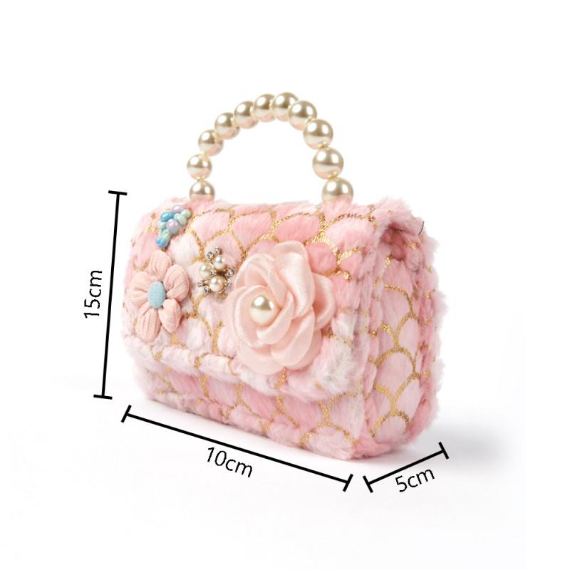 Kids' Enchanted Floral Plush Handbag – Blush Pink with Pearl Handle (15cm)