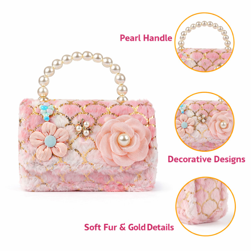 Kids' Enchanted Floral Plush Handbag – Blush Pink with Pearl Handle (15cm)