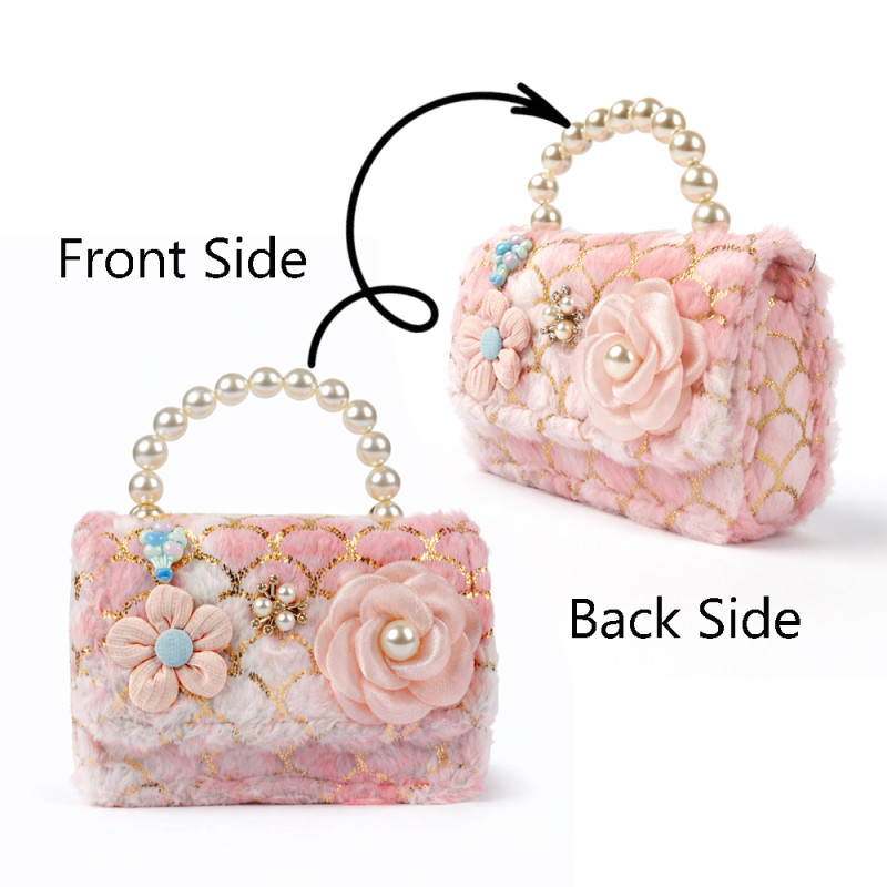 Kids' Enchanted Floral Plush Handbag – Blush Pink with Pearl Handle (15cm)