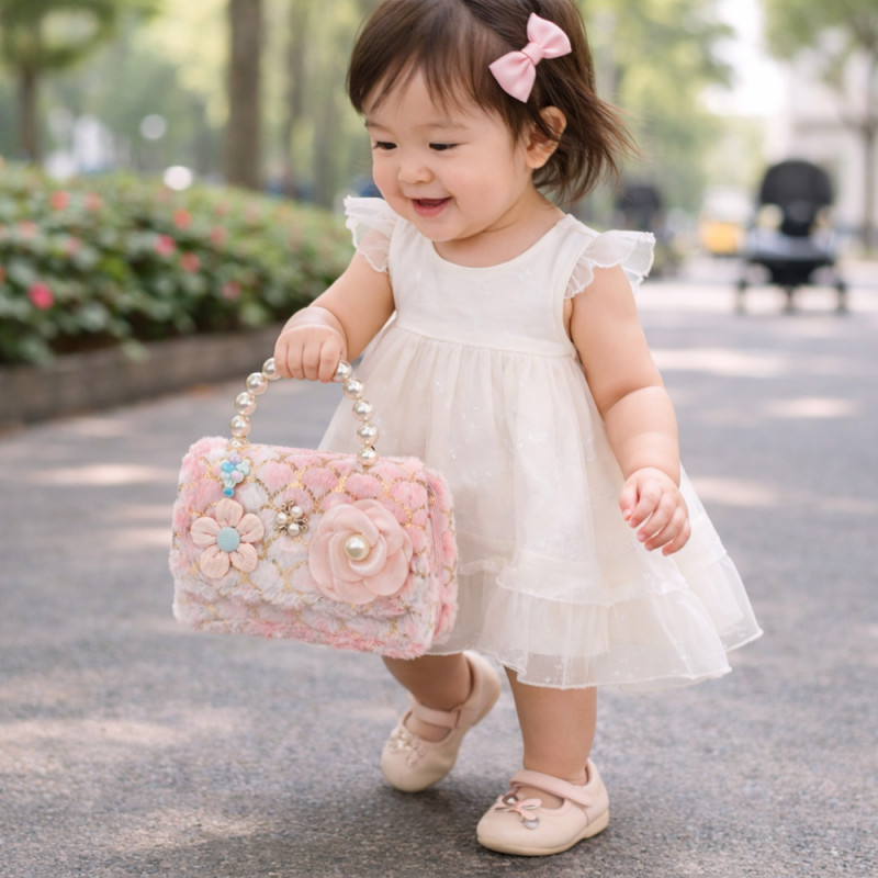 Kids' Enchanted Floral Plush Handbag – Blush Pink with Pearl Handle (15cm)