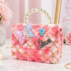 Kids' "Mermaid Love" Quilted Handbag – Multi-Color Plush with Pearl Handle (15cm)