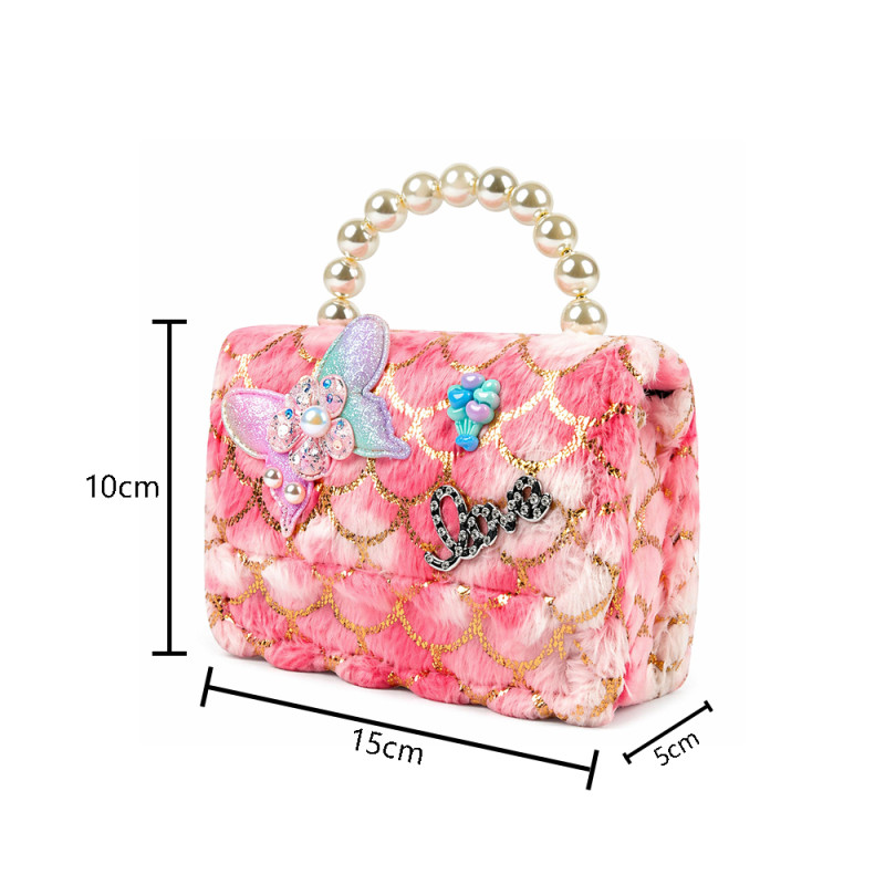 Kids' "Mermaid Love" Quilted Handbag – Multi-Color Plush with Pearl Handle (15cm)