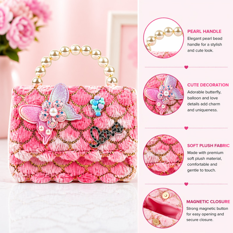 Kids' "Mermaid Love" Quilted Handbag – Multi-Color Plush with Pearl Handle (15cm)