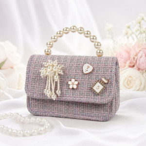Kids' "Vintage Vogue" Mini Tweed Handbag – Multi-Color with Pearl Handle