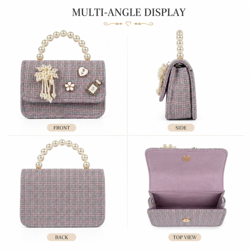 Kids "Vintage Vogue" Mini Tweed Handbag – Multi-Color with Pearl Handle
