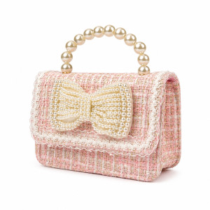 Professional Girls' Pink Tweed Mini Crossbody Bag – Pearl Handle & Bowknot (15cm)
