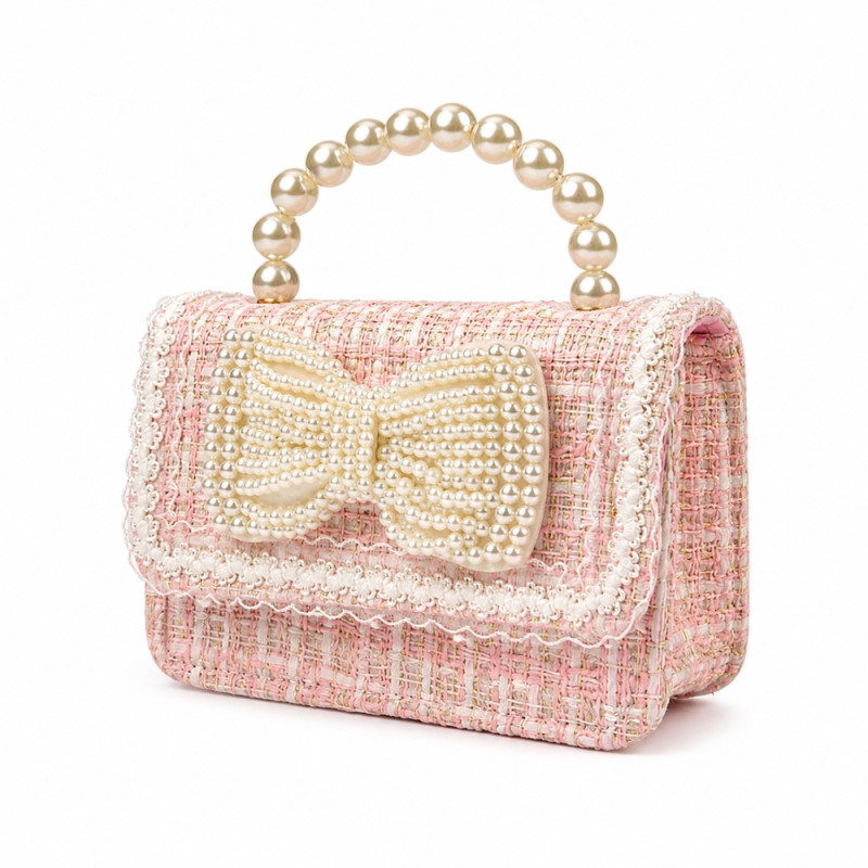 Professional Girls' Pink Tweed Mini Crossbody Bag – Pearl Handle & Bowknot (15cm)
