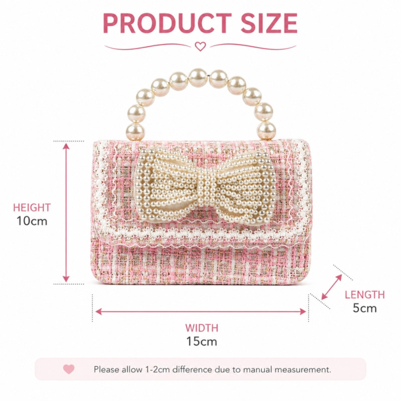 Professional Girls' Pink Tweed Mini Crossbody Bag – Pearl Handle & Bowknot (15cm)