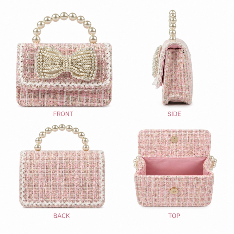 Professional Girls' Pink Tweed Mini Crossbody Bag – Pearl Handle & Bowknot (15cm)
