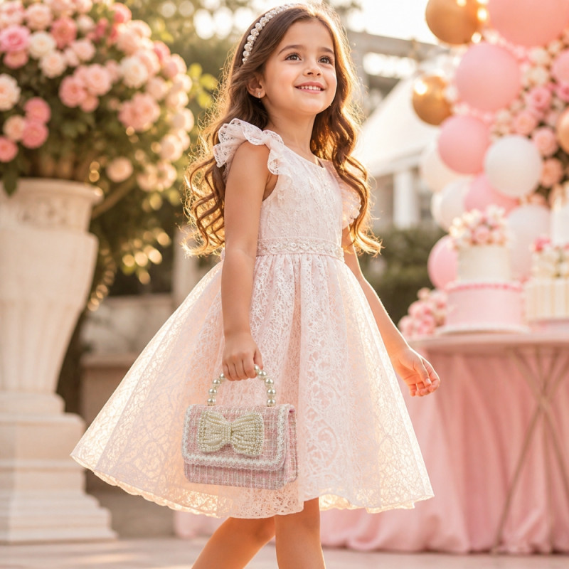 Professional Girls' Pink Tweed Mini Crossbody Bag – Pearl Handle & Bowknot (15cm)