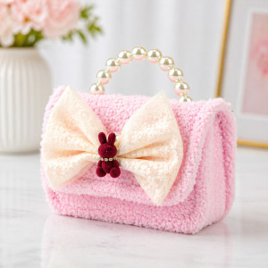 Kids' "Pink Velvet" Bow Handbag – Pearl Handle & Bunny Charm (15cm)